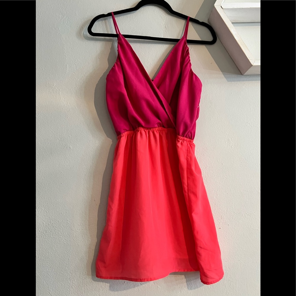 Hot pink & neon pink/orange color block short dress.